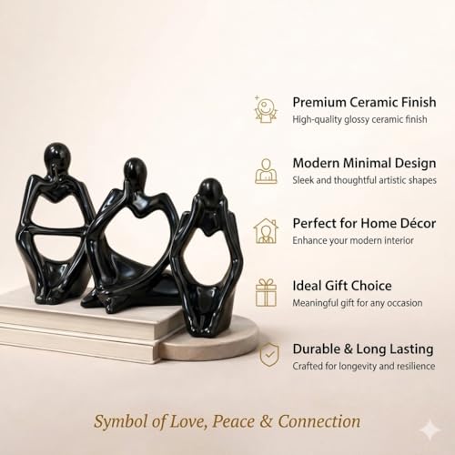 Image of Floryn Decor Thinker Men Statue Set of 3 - Modern Black Matte Ceramic Showpiece for Home Decor, Living Room, Bedroom, Office Desk & Table, Bookshelf Decoration | Minimalist Abstract Figurines