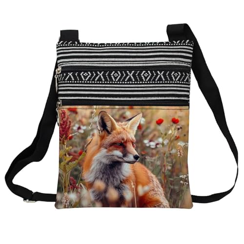 Floral Fox Messenger Bag Small Ethnic Pattern Printed Adjustable Strap Crossbody Zipper Bag Floral Fox Phone Bag Wallet Cute Shoulder Handbag for Women Friends -6