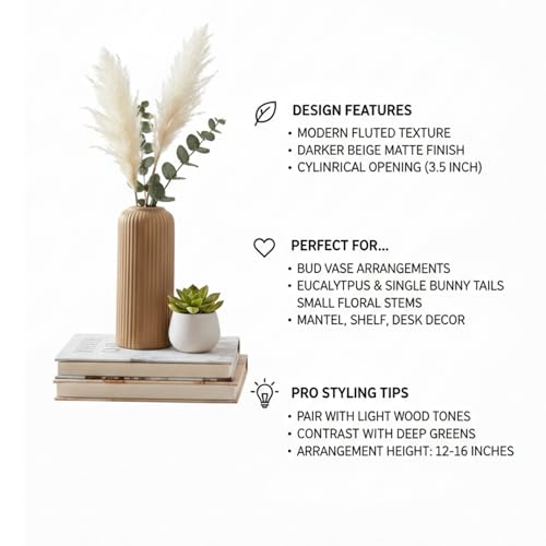 Image of KREATIVE ART'S Modern Ribbed Design Ceramic Flower Vase for Living Room, Flower Pots for Artificial Flower, Home Decoration Item, Home Decor, Vases for Living Room (Beidge, Medium)
