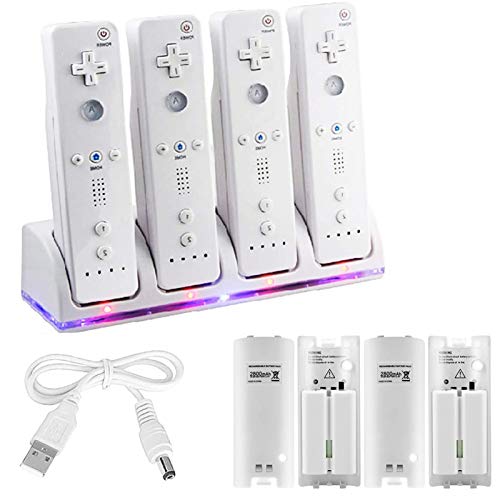 4 Pcs 2800mAh Rechargeable Cells for Wii, 4 in 1 Wii Charging Dock Station for Wii Remote N-Switch Accessory for Wii/ Wii U Controller