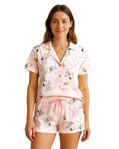 Image of COCO BRANDS Peanuts Snoopy Womens Pajama Set - 2 Piece Short Sleeve Button Down Sleep Shirt and Pajama Shorts