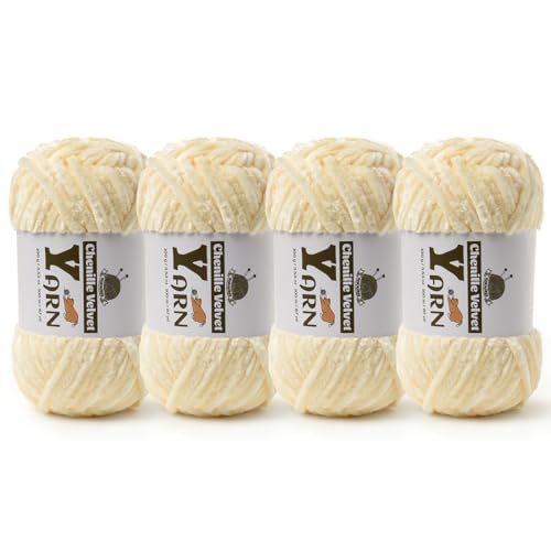 Image of 4 Pack Plush Chenille Chunky Yarn - Fluffy Velvet Yarn Crochet for Blanket Knitting and Crocheting - Soft Baby Yarns for Crocheting - Amigurumi Crochet Yarns 100g (87yds) (4 Milky White)