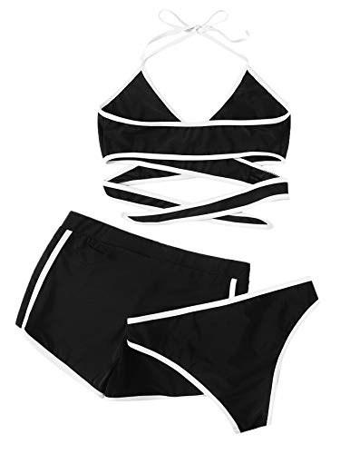 SweatyRocks Women's Three Piece Swimsuit Leaf Print Wrap Halter Top with Shorts Bikini Set2