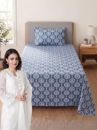 Image of Mafatlal 144 TC Fern Single Bed Bedsheet 90 x 60 Inch | Printed Bedroom Cover | Soft Smooth Comfortable Fabric | Home Linen for Daily Use | Easy Wash Bedding|Ocean Blue