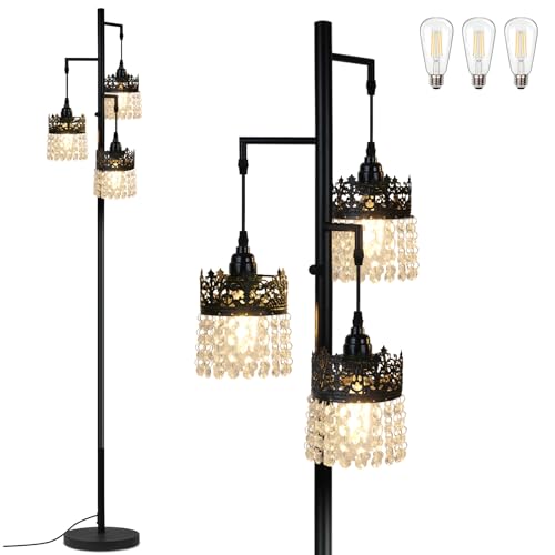 DMBOSS 69-inch Crystal Floor Lamp with Stepless Dimming 3 LED Bulbs Included Weighted Anti-Tip Base Modern Black Crown Standing Lamp for Living Room Bedroom Office