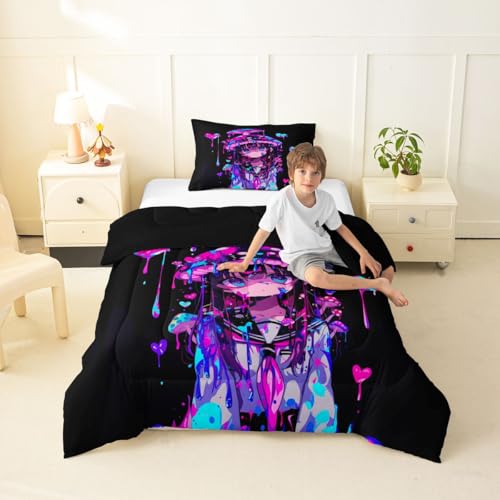 Image of Erosebridal Mushroom Girl Comforter Set for Kids Boys Girls 3D Japanese Girly Bedding Watercolor Graffiti Duvet Set Cute Anime Gifts Comforter Twin with 1 Pillowcase