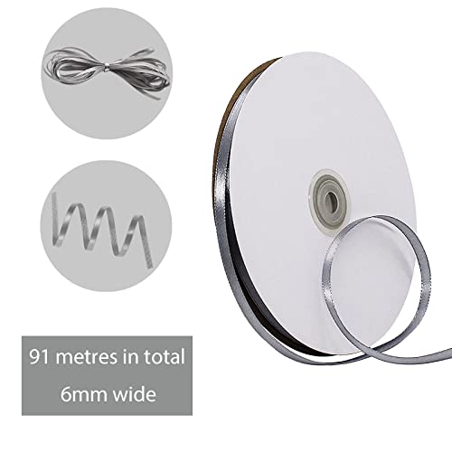 POPOYU Thin Silver Ribbon 6mm,Christmas Satin Ribbon Solid Color Fabric Ribbon Silk Satin Roll,91m Grey Balloon Ribbon for Gift Wrapping DIY Crafts Hair Christmas Bows Cake Wedding Balloons - Image 2