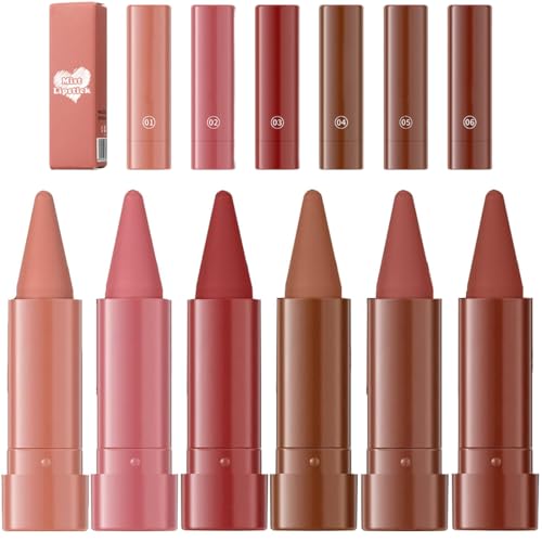 NiceNaiils 6 Colores de Lápiz Labial Mate, Perfilador y Pintalabios Permanente en un Solo Paso, Barra de Labios Giratoria Resistente al Agua, Kit de Maquillaje de Labios Nude y Rojos, Portátil