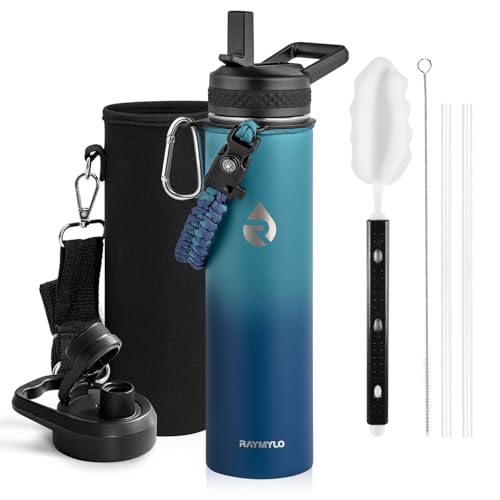 Image of RAYMYLO Insulated Water Bottle 24 oz, Triple Wall Vacuum Stainless Steel (Cold for 24Hrs, Hot for 12Hrs), Leak Proof & Non-BPA, Modern Water Flask Jug with Paracord Handle & Straw Spout Lids