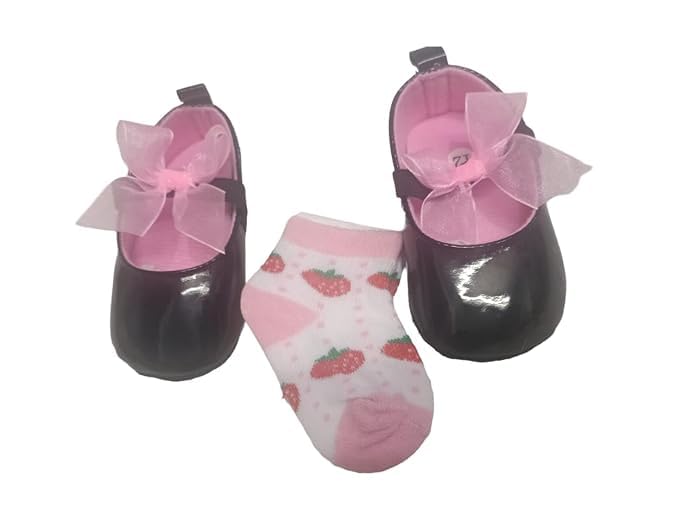 Baby Girls Black Mary Jane Booties with Pink Bow and Socks, Soft Comfortable Infant Footwear, 3–6 Months-image-27