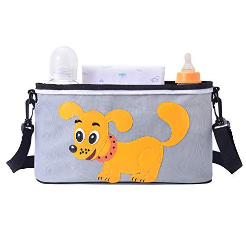Universal Stroller Organizer Caddy with Cup Holders, Stroller Travel Bag with Shoulder Strap, Stroller Accessories Pockets for Carrying Diaper, Wipes, Toys, Phone, Snacks, Fit All Kinds Stroller