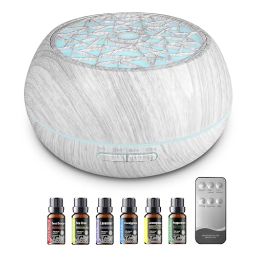 550ml Large Capacity Essential Oil Diffuser 6 Essentil Oil Set Aromatherapy Ultrasonic Air Humidifier with Timer and 7 Color LED Night Light Remote Control Waterless Auto-Off White Wood Grain