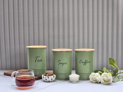 Image of JISCOVERY Airtight Tea, Coffee & Sugar Container Set of 3| Metal Storage Canister with Wooden Lid for Kitchen| Storage Box for Kitchen Counter Top| 1300 ML| Green