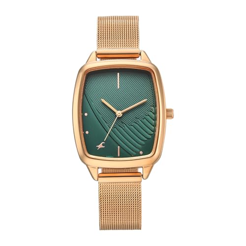 Image of Fastrack Wild Bird Feather Dark Green Dial Rose Gold Stainless Steel Strap Watch for Women - 6321WM04