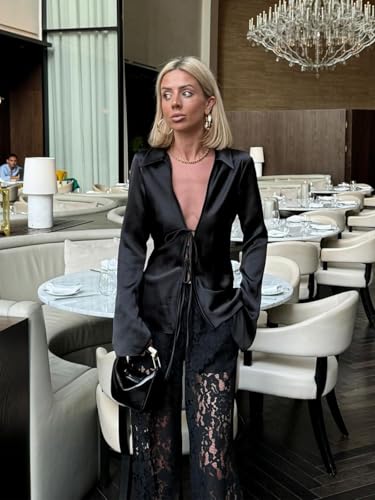 Cicy Bell Womens Sexy Tie Front Satin Shirts Deep V Neck Silk Club Tops Long Sleeve Y2k Going Out Blouse2