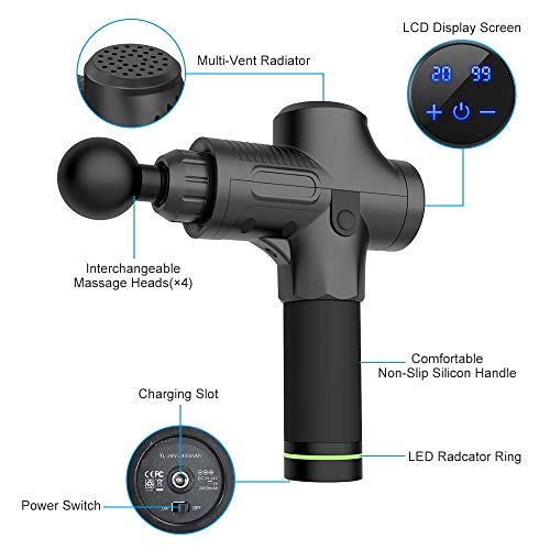 Massage Gun, 20 Speeds Adjustable Professional Handheld Deep Tissue Percussion Muscle Massager Quiet, 4 Heads Cordless Electric Massage Device for Pain Relief & Sports Relaxation (Black) - Thumbnail 4