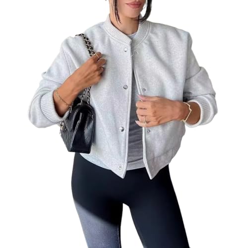 Sumleno Womens Trendy Cropped Bomber Jacket Casual Button Down Long Sleeve Varsity Jackets Coat Y2k Clothes Streetwear