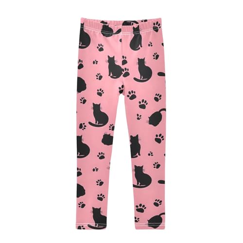 Black Cat Footprint Pink Girls Leggings Ultra Soft Compression Yoga Gym Pants for Kids 4-10T