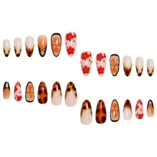 Image of Flower Press on Nails French Tip Fake Nails Leopard Print Glue on Nails with Gold Design Medium Almond False Nail Glossy Full Cover Brown Stick on Nail for Women Girls Manicure 24Pcs