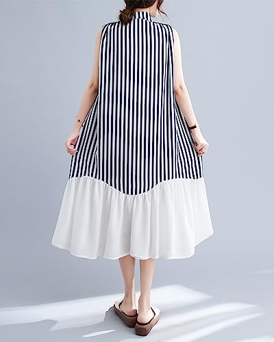Image of ellazhu Women's Summer Sleeveless Midi Length Stripe Solid Color Patchwork Dress GA2654 A