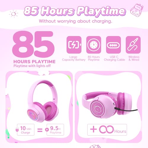 Image of Kids Bluetooth Headphones, 85H Playtime Wireless Headphones for Kids, Colorful LED Lights, 85 /94dB Safe Volume Limit, Bluetooth 5.4 Built-in Mic Toddler Headset for Tablet /Airplane (Fuscia Pink)