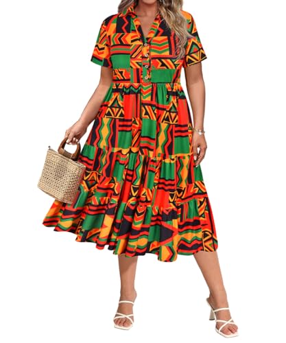 Image of CARCOS Plus Size Dresses for Curvy Women Collared Vneck Short Sleeve Dresses Midi Summer Ruffle Dress with Pocket XL-5XL
