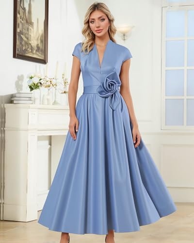 Tea Length Mother of Bride Dress with Short Sleeves Satin A-line Formal Women Wedding Guest Prom Gowns3
