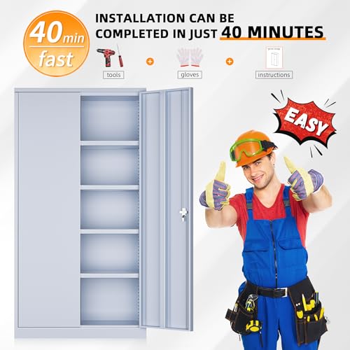 Image of INTERGREAT Metal Storage Cabinet with Doors, 72 inch Locking Steel Storage Cabinet with Shelves, Tall Metal Cabinet Lockable Steel Cabinets for Home Office, Garage,(Cement)