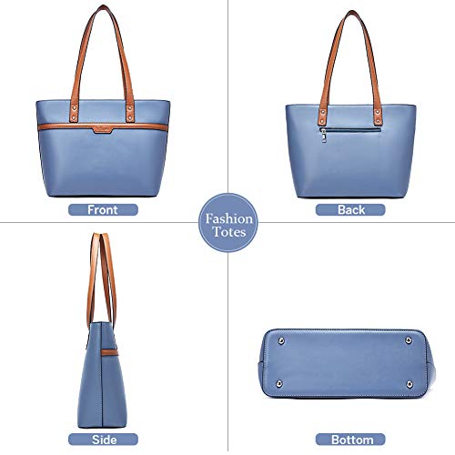 BROMEN Women Handbags Designer Leather Tote Purse Large Capacity Purses and Handbags Shoulder Bag Blue with Brown - Thumbnail 5