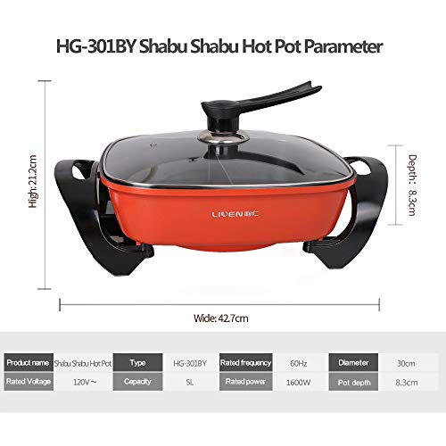 5L Electric Shabu Shabu Pot with Divider and Non-Stick Coating, Electric Hot Pot Dia 30cm Depth 8.3cm 1600W 120V HG-301BY