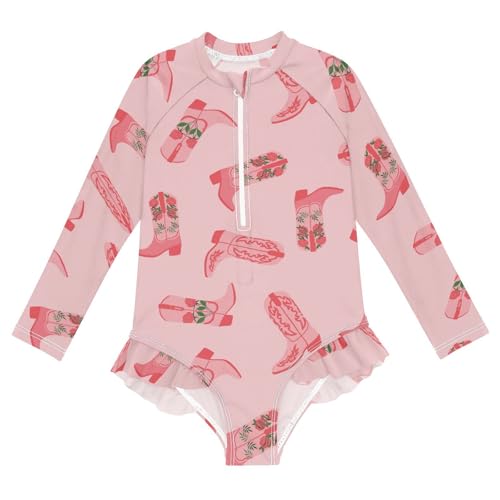 QUGRL Long Sleeve One Piece Ruffle Swimsuit for Girls Size 5-6 Cowgirl Boots Pink Girl Rashguard Shirt Floral Bathing Suit with UPF 50+ Sun Protection