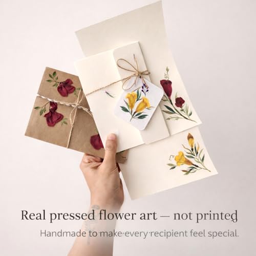 Image of PetalsByShweta, Pack of 2, A5 size pressed flower letter writing papers with Envelopes . Letter stationary paper with Envelopes | letter writing papers| Lifafa | Notepads | Envelopes for cards | Flower Design | Love letter | invitation writing papers | Thank you notes writing (Mogra white) (Pack of 2)