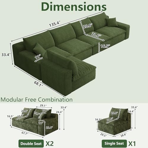 Image of 136 inch Cloud Couch Modular Sectional Sofa for Living Room, L-Shape Boneless Couch with Deep Seat, Modern Corduroy 5-Seater, No Assembly Required,Green