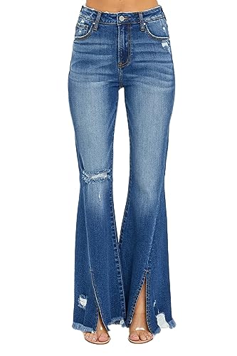SALT TREE Risen Jeans - High Rise Front Slit with Fray Hem Flare Jeans - RDP5544