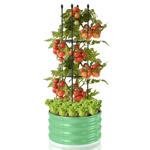 VNRFEIU 1 Pack Raised Garden Beds Outdoor, Galvanized Metal Raised Garden Bed with Trellis, 23.6×23.6x60in Tomato Cages for Garden Planters Box with Trellis for Climbing Plants Vegetable Vine Flowers