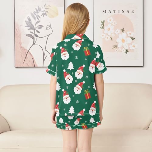 Satin Pajama Sets Short Sleeve Santa Claus Trees Button Down Silky Nightwear 2 Piece PJS 5-14Y4