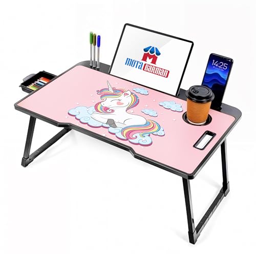 Image of Foldable Wooden Laptop Bed Tray Table, Multifunction Lap Tablet Desk with Cup Holder, for Eating Breakfast, Reading Book, Working, Watching Movie on Bed (Unicorn)