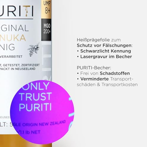 PURITI Manuka Honig MGO 200+ 500g aus Neuseeland mit zertifiziertem Methylglyoxal Gehalt - Laborgeprüft, Direktimport, reines Naturprodukt, frei von Zusatzstoffen