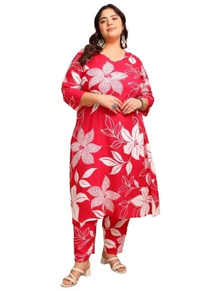 Plus Size Red Floral Printed Kurti Pant Set for Women | Stylish Ethnic Co-Ord Set with Matching Pants | Comfortable Plus Size Clothing for Curvy Women | Sizes 3XL-10XL-image-1