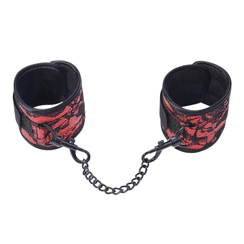 Image of Lace Blindfold and Faux-Fur-Lined Handcuffs Set, Red Soft Bondage Wrist Cuffs Kit Sex Play Toys for Adults