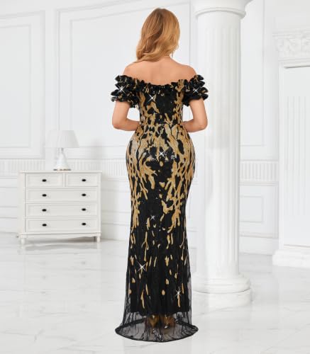Image of dasmzper Women Sexy Sequin Off Shoulder Ruffle Short Sleeve Bodycon Mermaid Party Formal Evening Maxi Dress