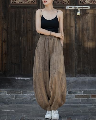 Women's Casual Cotton Linen Baggy Pants with Elastic Waist Relax Fit Lantern Trouser with Pockets2