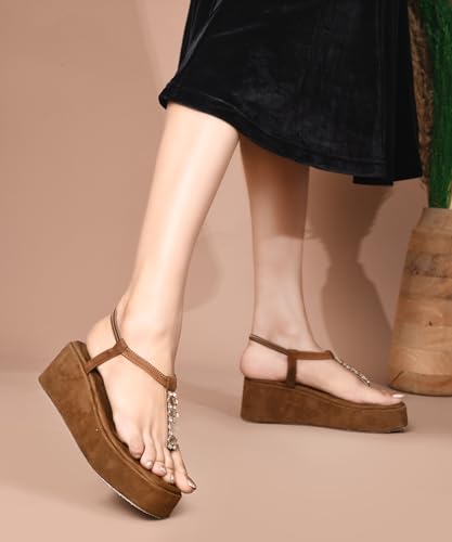 Image of JM LOOKS Soft Material Platform Wedge Sandals with Crystal T-Strap Detail and Secure Elastic Ankle Support