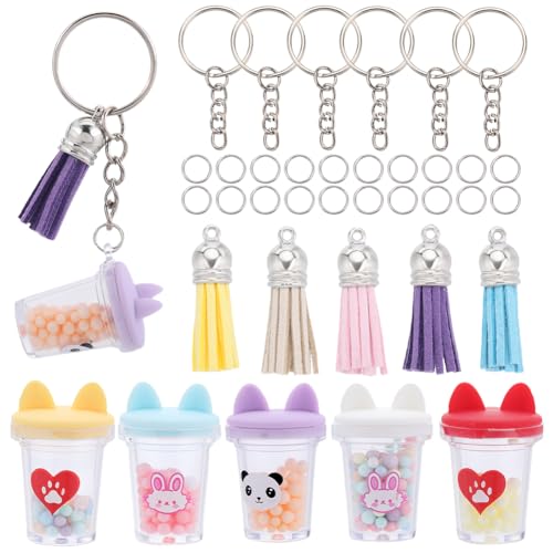 SUNNYCLUE 50Pcs DIY 10Sets Milk Tea Charms Faux Suede Tassels Large Boba Tea Cat Charm Keychain Making Kit Resin Bubble Tea Key Chain Split Rings for Keychains Making Supplies Bag Purse Decoration