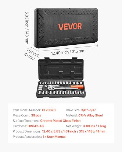 Image of VEVOR Socket Set, 39 Pieces, 3 /8 & 1 /4 inch Drive Socket and Ratchet Set, SAE and Metric Size, Mechanic Tool Kit with Ratchet Wrench, Accessories, Storage Case, CR-V Alloy Steel, for Automotive Repair
