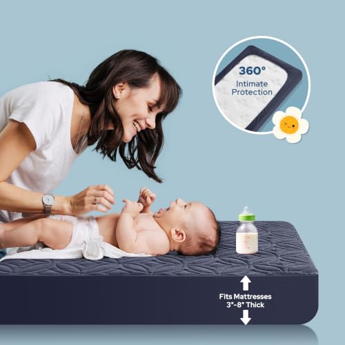 Image of Waterproof Crib Mattress Protector 2 Pack, Soft and Breathable Crib Mattress Pad Cover, Noiseless Machine Washable Toddler Mattress Protector for Standard Baby Toddler Bed (52''x28'',Navy Blue)