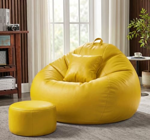 Image of Sattva Classic 4XL Bean Bag Chair with Beans Filled | Sofa Style Faux Leather Bin Bags for Adults | Pre-Filled Large Beans Bag with Footstool & Cushion Combo for Home & Office - Yellow