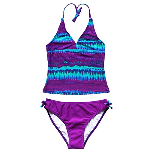 iEFiEL Girls Gorgeous Tie-Dye Tankini Top Swim Briefs Beach Wear Bathing Suit (10, Purple)