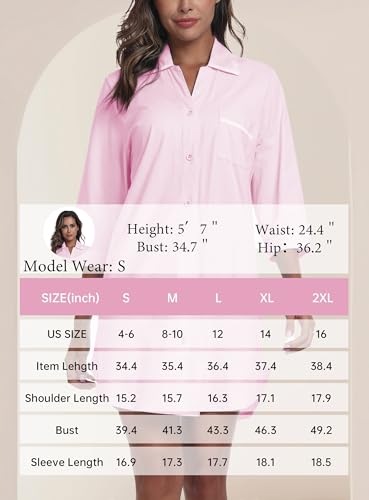 Image of EA'S SECRET 100% Cotton Nightgowns for Women 3 /4 Sleeve Button Down Nightshirts Soft V-Neck Knee Length Sleepwear With Pocket