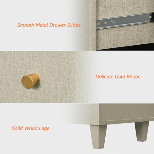 Image of WAMPAT 6-Drawer Dresser for Bedroom, Modern Chest of Drawers with Gold Knobs, 47.2 Inch Wide Linen Printed Finish Wood Storage Organizer for Kids Room, Living Room, Nursery, Dark Beige
